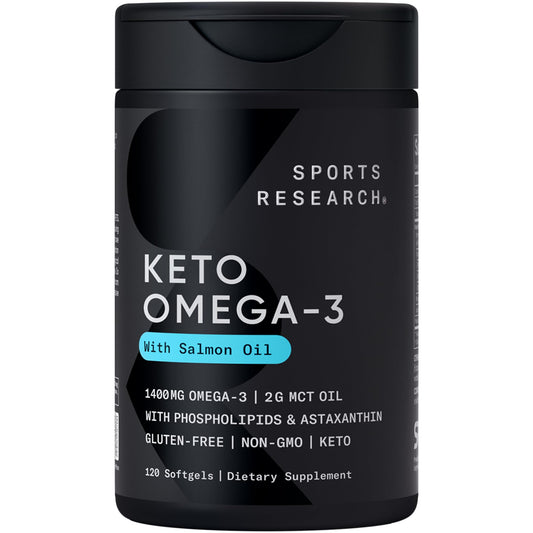 Sports Research Keto Omega bottle pour showing premium omega-3 blend for daily wellness