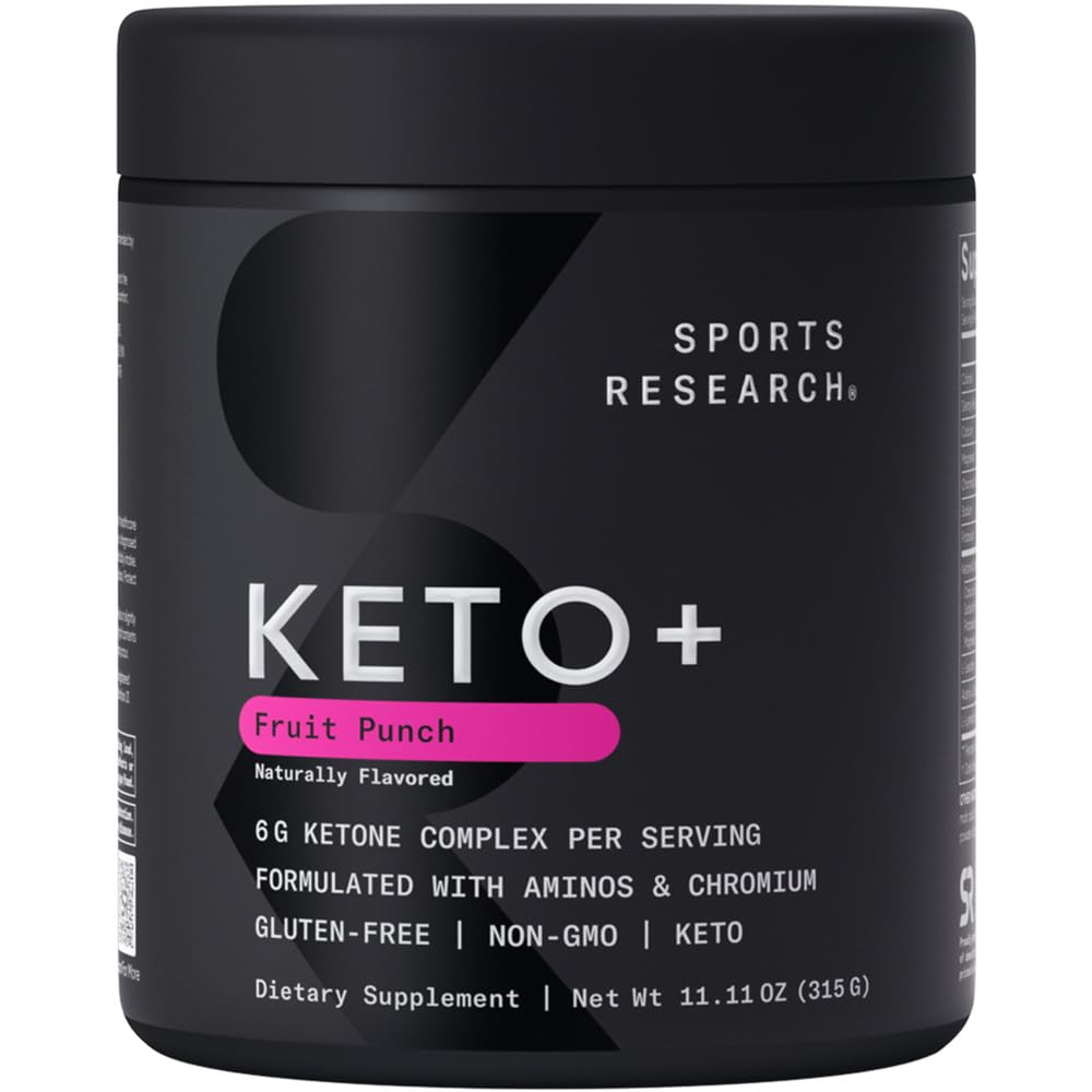 Sports Research Keto Plus Fruit Punch bottle showing flavor profile for an energizing workout