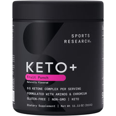 Sports Research Keto Plus Fruit Punch bottle showing flavor profile for an energizing workout