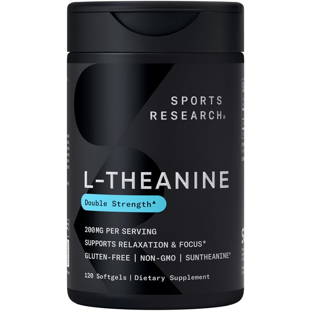 Sports Research L-Theanine 200mg bottle with calm focus label