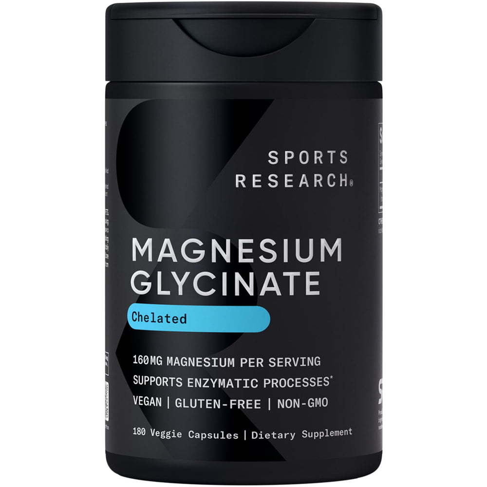 Sports Research Magnesium Glycinate bottle label close-up for high absorption.