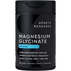 Sports Research Magnesium Glycinate bottle label close-up for high absorption.