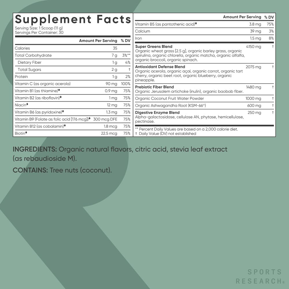 Sports Research Organic Greens with 8 B vitamins for natural energy support