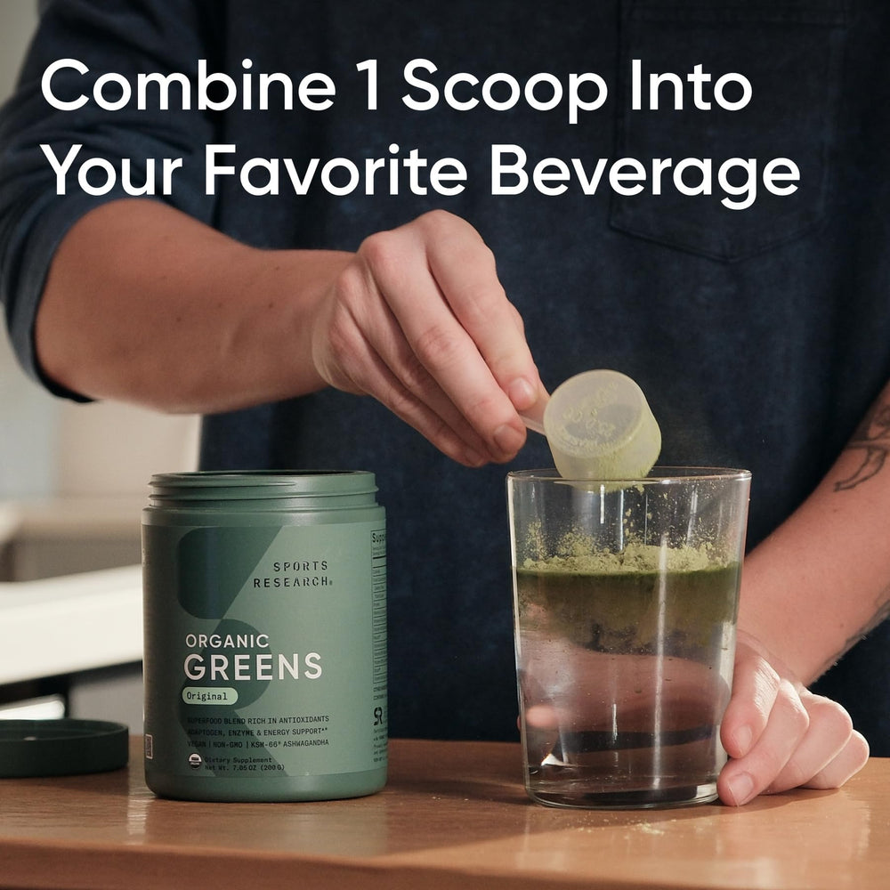 Sports Research Organic Greens measuring spoon ensures precise serving for consistent nutrition.