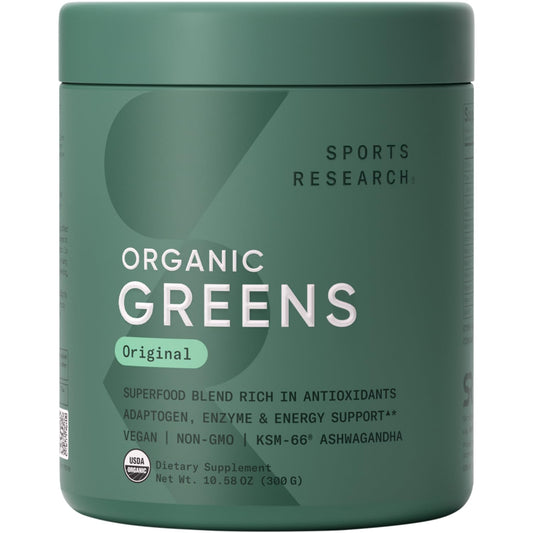 Sports Research Organic Greens Powder with a scoop for quick daily nourishment