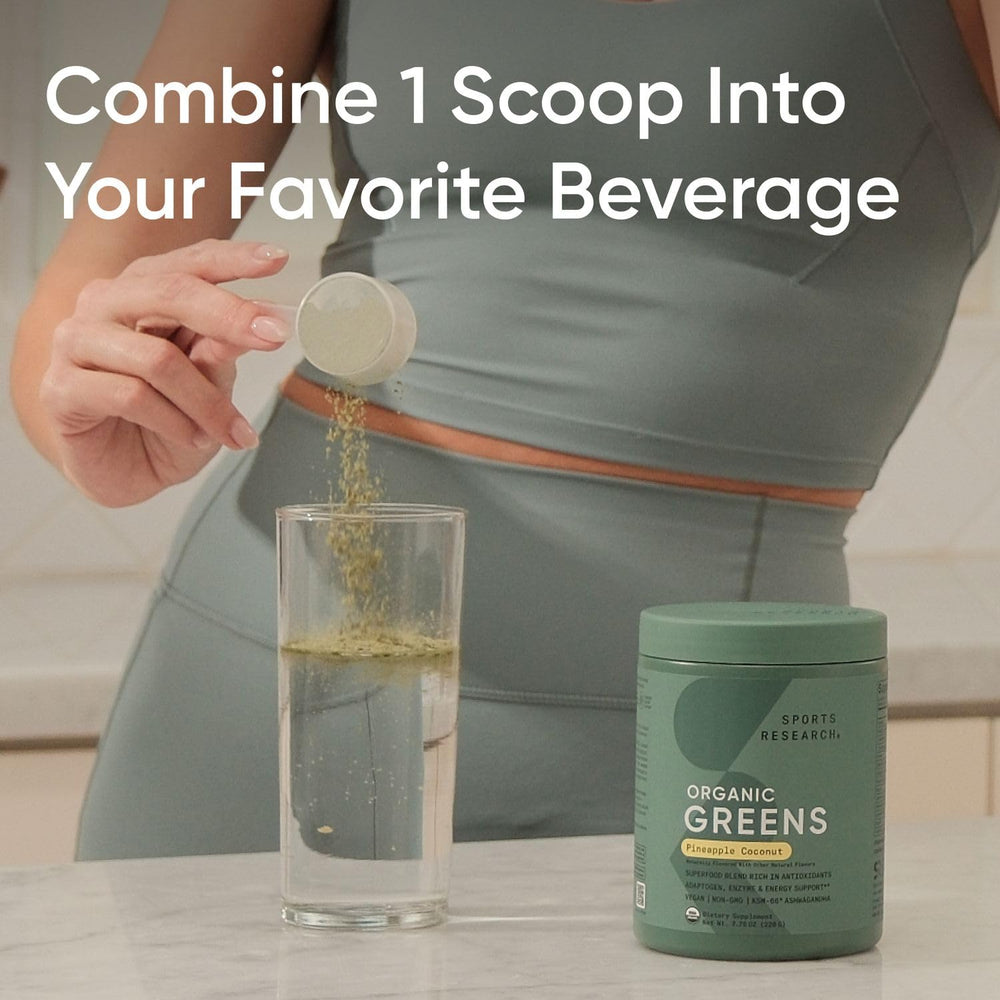 Sports Research Organic Pineapple Coconut Greens glass with tropical smoothie visual