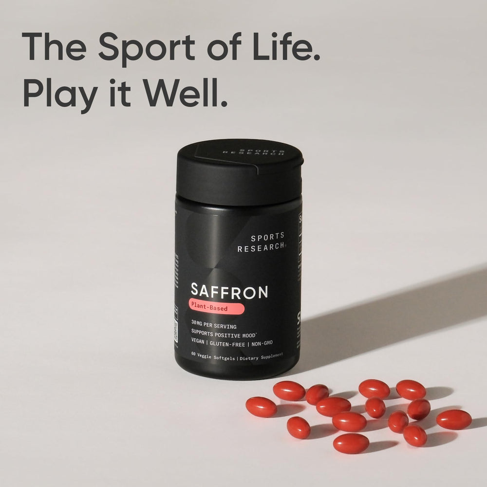 Third-party testing certificate on Sports Research saffron bottle indicates product quality.