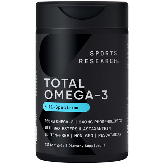 Sports Research Total Omega-3 bottle showing krill and fish oil blend for potential heart support
