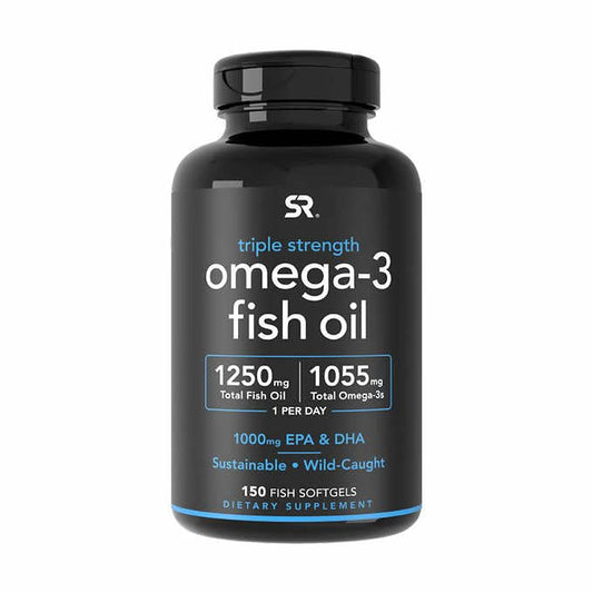Sports Research triple strength omega-3 bottle shows burpless, wild-caught formula for heart and brain support.