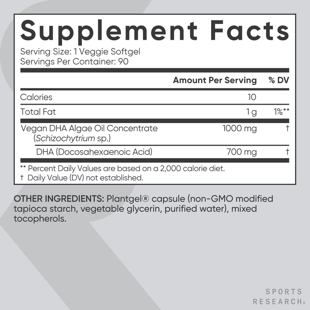 Sports Research vegan-certified logo confirming plant-based DHA option