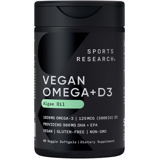 Sports Research Vegan Omega-3 D3 softgels bottle showing plant-based algae source.