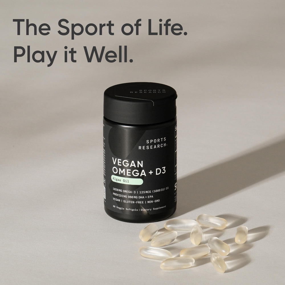 Sports Research vegan omega-3 gluten-free label on packaging.
