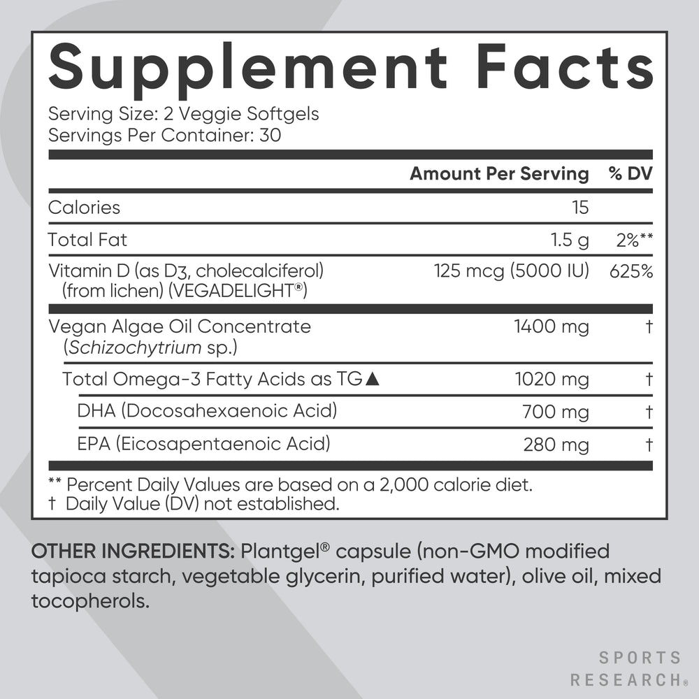 Sports Research vegan omega-3 softgels close-up view of capsules.