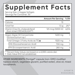 Sports Research vegan omega-3 softgels close-up view of capsules.