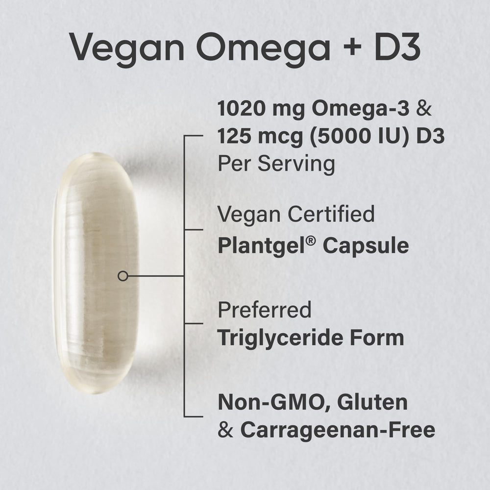 Sports Research vegan omega-3 softgels dosage chart illustrating serving size.