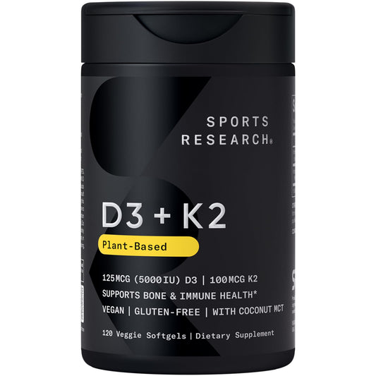 Sports Research D3 + K2 softgels bottle showing vegan formula for bone support.