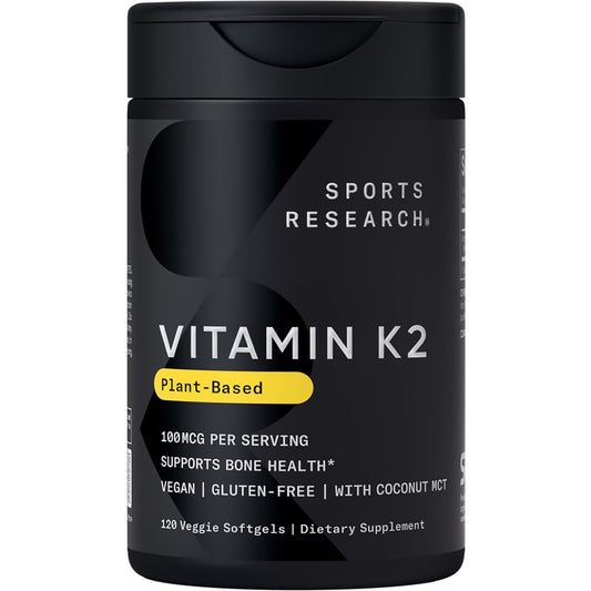 Sports Research Vitamin K2 MK7 bottle with one-a-day softgels for bone and cardiovascular support.