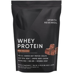 The Sports Research Whey Protein Dutch Chocolate bag for workout fueling.