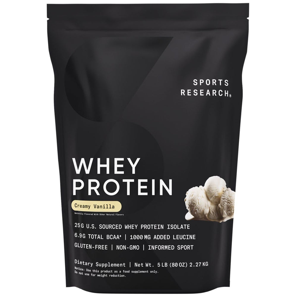 Sports Research Whey Protein Isolate vanilla bag showing 25 g protein per serving for lean muscle.