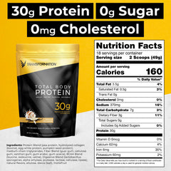 SPR BODY Transformation Protein bottle pour shows a smooth, creamy shake texture.