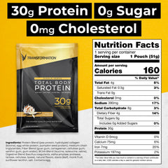SPR BODY Transformation Protein label shows 30g protein per serving and leucine