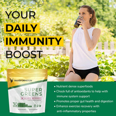Glass of SPR BODY Transformation Super Greens powder mixed; supports detox-friendly day.