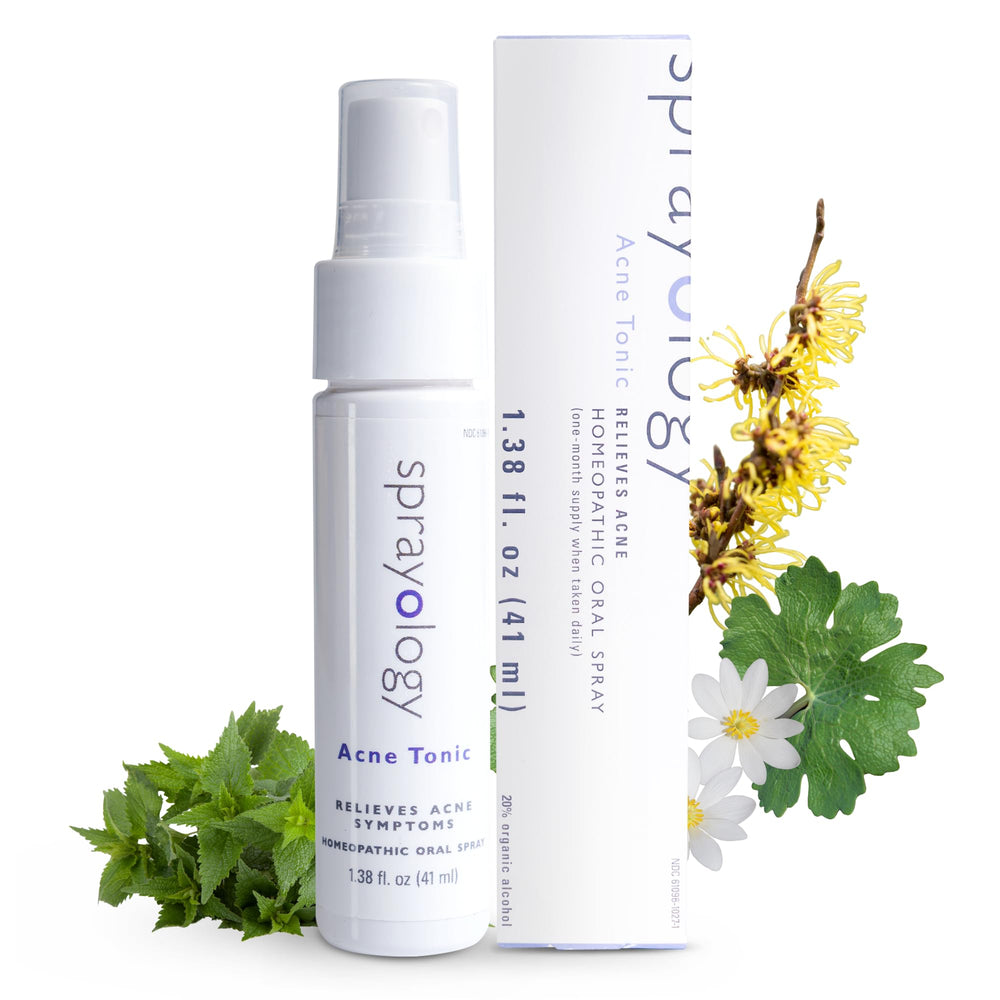 Sprayology Acne Tonic bottle displays natural homeopathic formula for clearer skin.