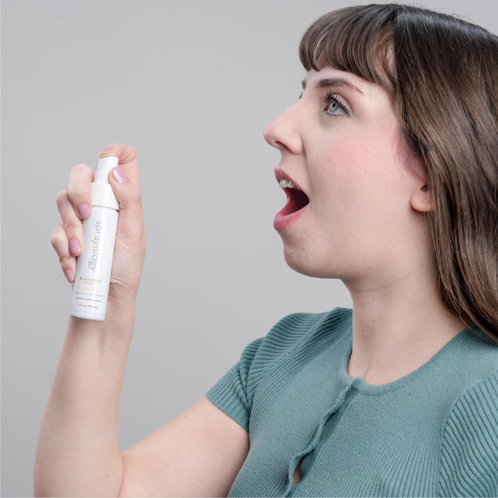 Sublingual use demonstrated with Sprayology Everyday Multi Spray.