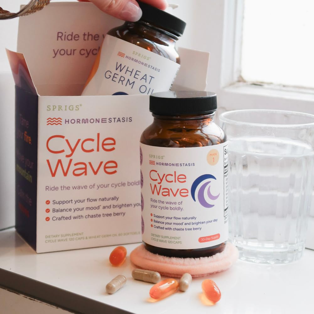 SPRIGS Cycle Wave daily dosing scene with capsules and softgel for balance.