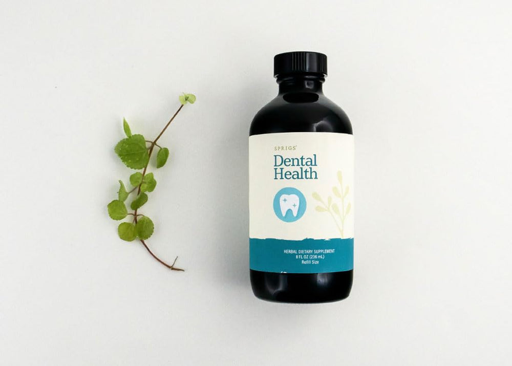 SPRIGS Dental Health Tincture bottle shown for daily oral care and fresh breath.