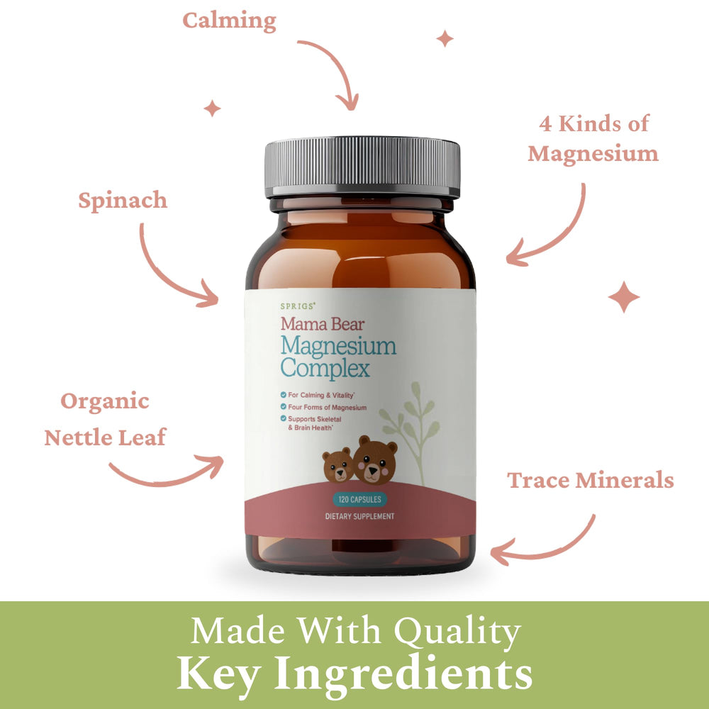 Sprigs Mama Bear ingredients list featuring nettles and spinach for natural prenatal nutrients.