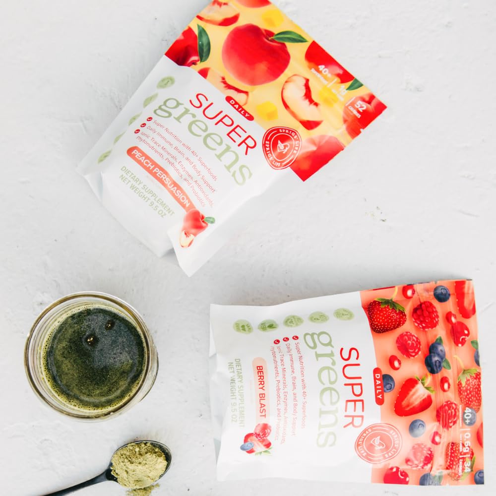 Sprigs Peach Flavor Super Greens powder bottle for convenient daily energy and immune support