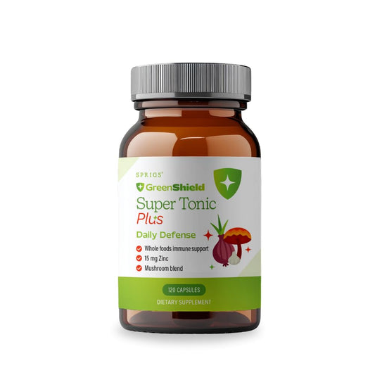 SPRIGS Super Tonic Plus bottle on kitchen counter for daily immune support
