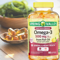 Spring Valley omega-3 softgels in a typical daily routine setup