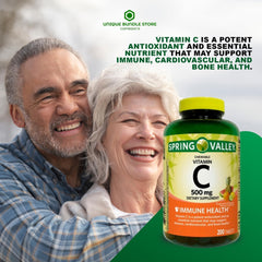 Spring Valley Vitamin C 500 mg tropical-fruit flavored tablets shown in bottle for convenient daily use