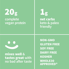 Close-up of Sprout Living pea protein powder label, highlighting no artificial additives.