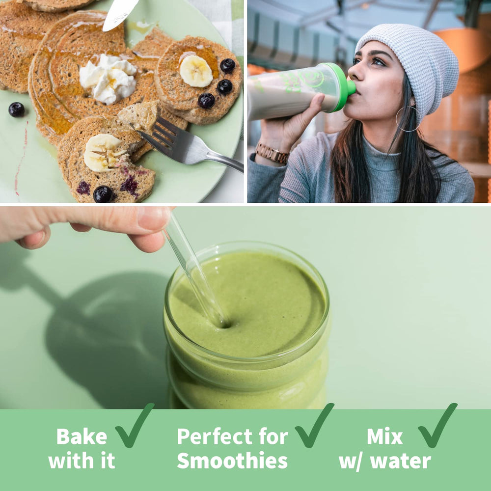 Creamy pea protein shake made with Sprout Living powder.
