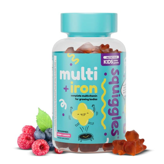 Squiggles Kids Multivitamin + Iron bottle with gummies for daily nutrition