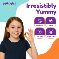 Squiggles packaging highlighting broad vitamin mix and iron support