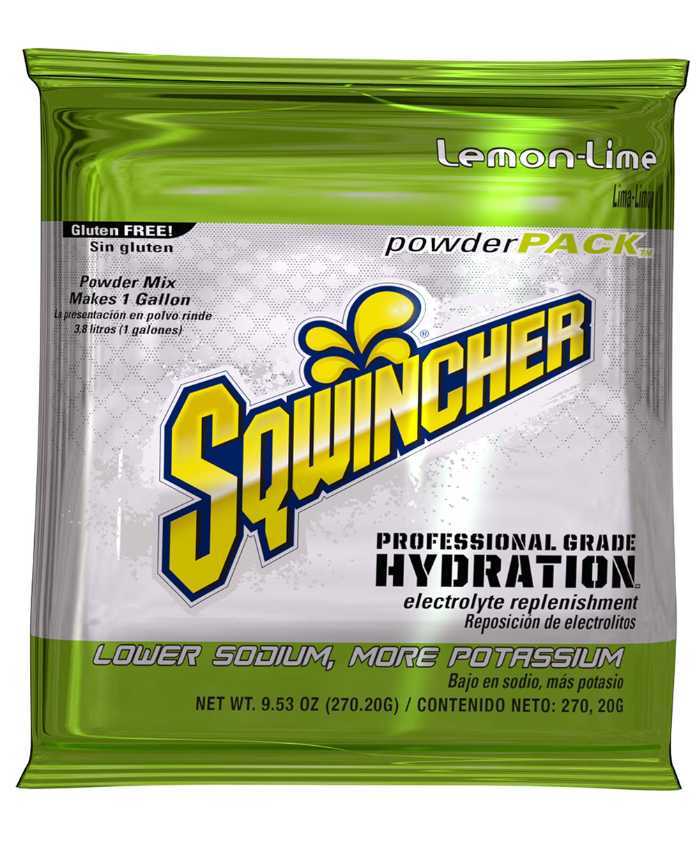 Sqwincher lemon-lime electrolyte powder packet for quick on-site hydration and replenishment.