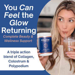 SRILabs ColSilk powder dispense showing easy daily drink mix