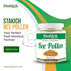 Stakich Bee Pollen granules sprinkled on yogurt for crunch and natural sweetness