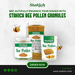 Stakich packaging highlights allergen notice for pollen sensitivity and safe use.