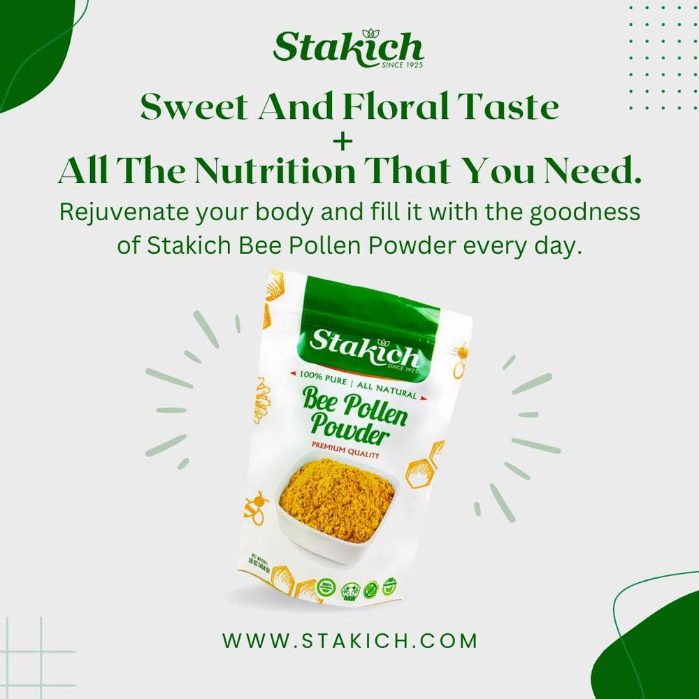Stakich Bee Pollen Powder in a bowl ready to mix with breakfast.