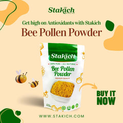 Stakich Bee Pollen Powder poured into yogurt for a tasty boost.