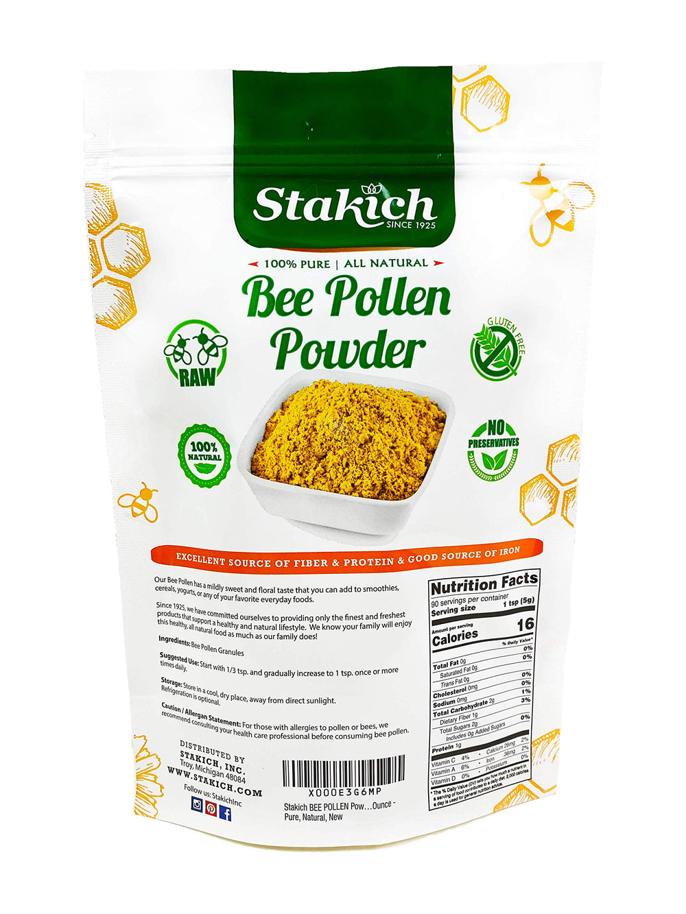 Stakich Bee Pollen Powder scoop in smoothie illustrates easy daily incorporation.
