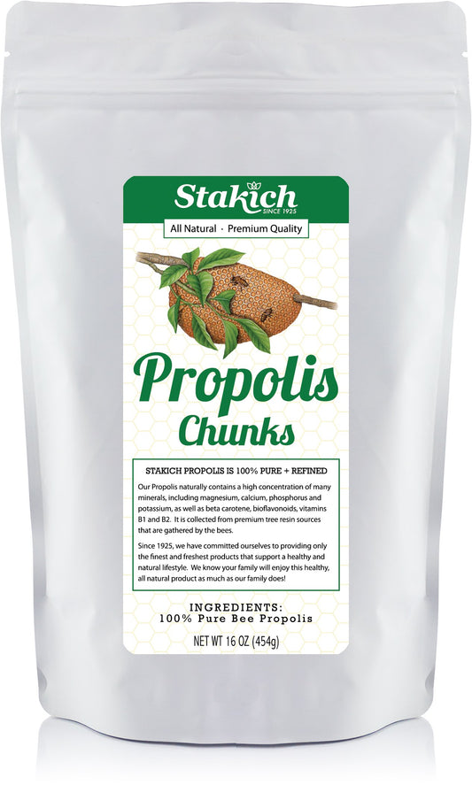 Stakich Bee Propolis chunks 1lb pack, ready for easy consumption and daily routines.