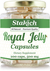 Stakich Royal Jelly 500 mg bottle—daily wellness capsules.