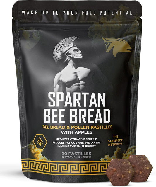 The Stampede Spartan Bee Bread Chewables bottle front with potential daily energy support.