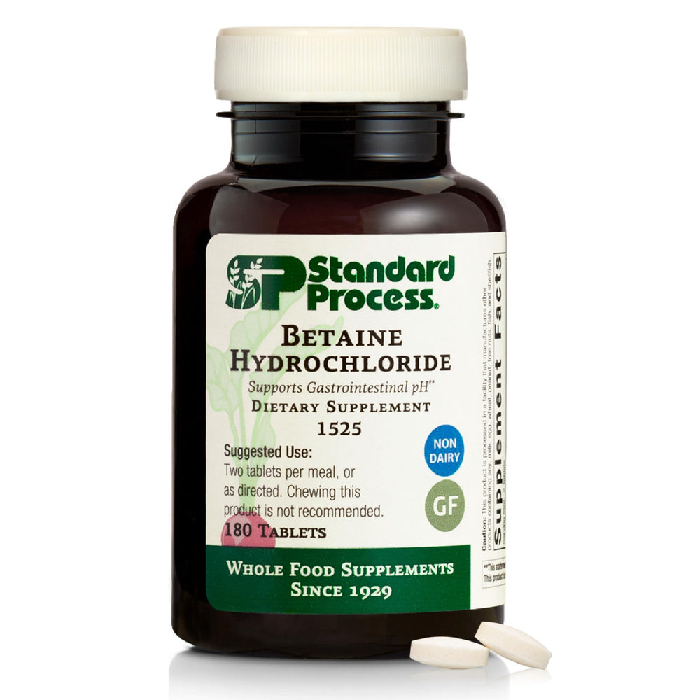 Standard Process Betaine HCl bottle front shows the label for quick digestive pH reference.